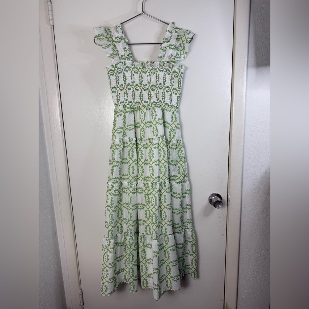 J Marie green, blue, white, medallion print, sleeveless, tiered, maxi dress S